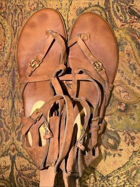 GBG Los Angeles Brown Leather Gladiator Sandals with Gold Accents
